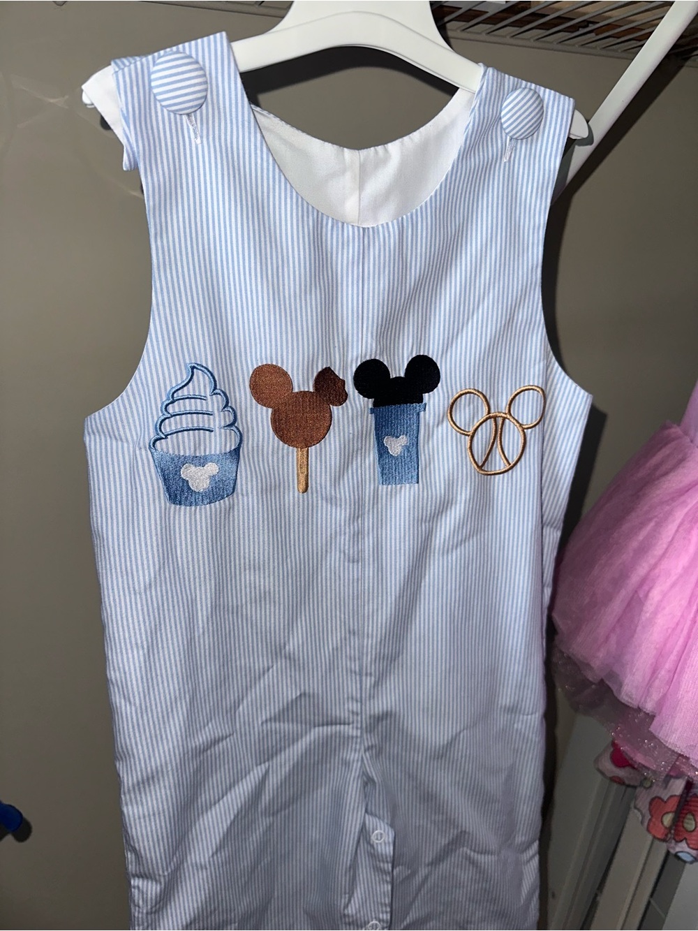 Children's Light Blue Striped One-Piece Romper with Mickey Treat Embroidery